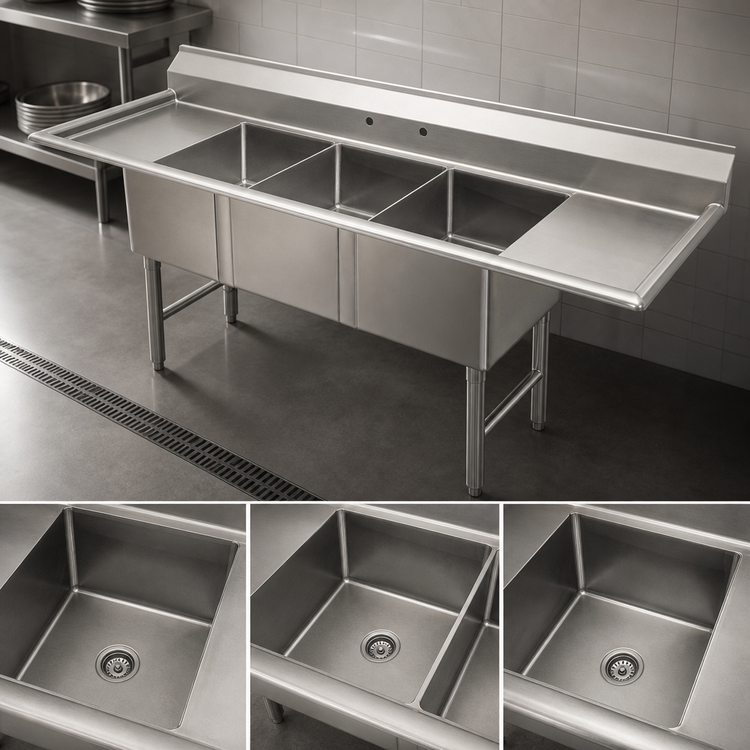 Product image #3 for Advance Tabco 3-Compartment Fabricated Sink with Left and Right Drainboards, 15" x 15" x 14" Bowls, 75" Overall Length