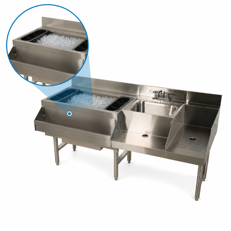 Product image #3 for Advance Tabco Underbar Basics Uni-Serv Speed Bar with Left Ice Bin, Dump Sink, and 7-Circuit Cold Plate, 60 Inch