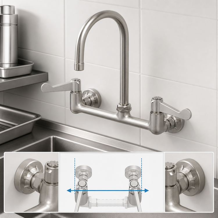Product image #3 for T&S Brass equip 8-Inch Wall Mount Mixing Faucet with 5-1/2-Inch Swivel Gooseneck and Wrist Handles