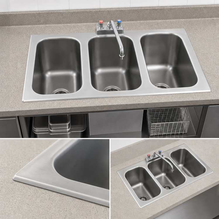 Product image #3 for Eagle Group Three-Compartment Self-Rimming Drop-In Sink with 10 x 14 x 9-1/2 Inch Bowls, Faucet, and Basket Drains