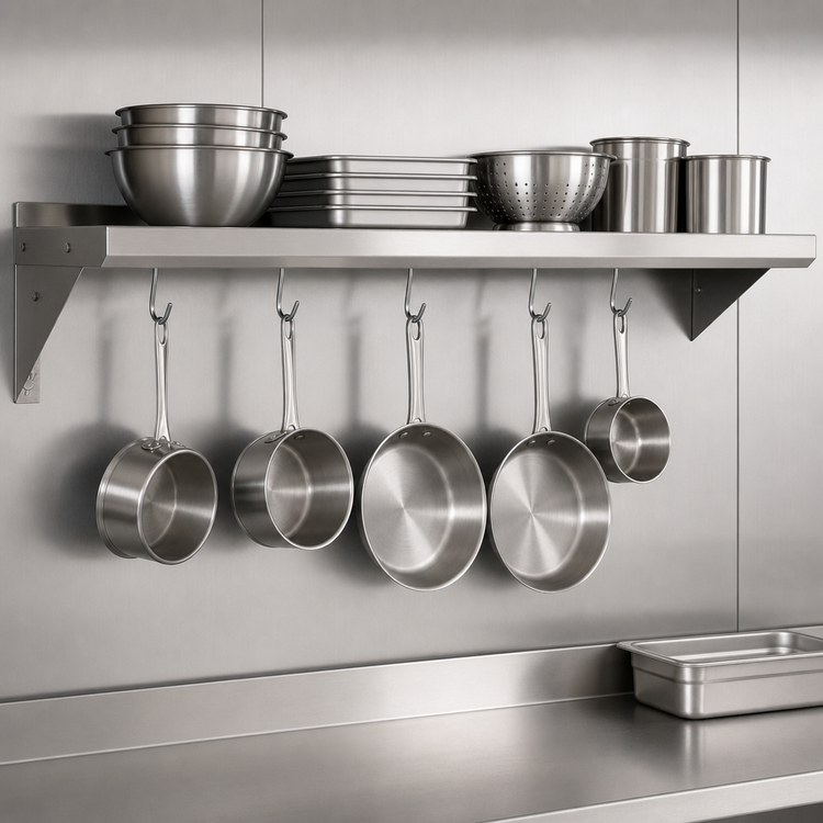 Product image #3 for BK Resources 72-Inch x 14-Inch Wall-Mounted Stainless Steel Overshelf with Pot Rack