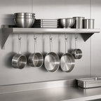 Thumbnail image #3 for BK Resources BKWS6-1472-PR 72-Inch Wall-Mounted 304 Stainless Steel Overshelf with Pot Rack and 6 Hooks