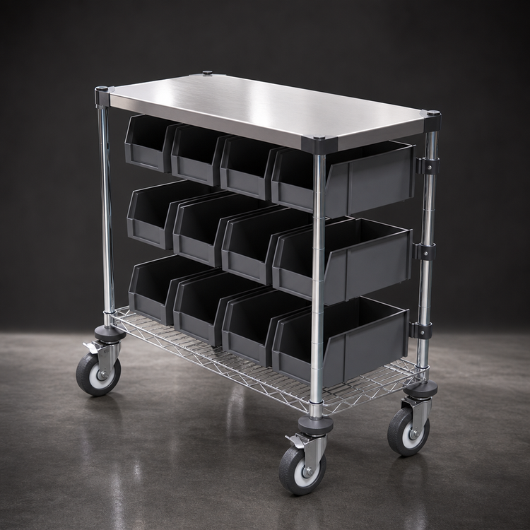 Product image #3 for Metro Chain Reaction Mobile 2-Tier Condiment Cart with 304 Stainless Steel Top Shelf and Adjustable Wire Bottom Shelf