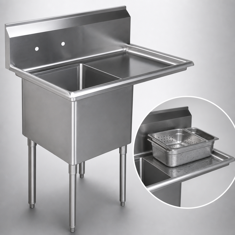 Product image #3 for Serv-Ware 1-Compartment Economy Sink with Right Drainboard, 18-Gauge 304 Stainless Steel