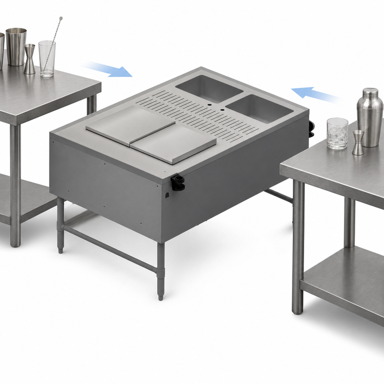 Product image #3 for BK Resources Standard Pass-Thru Underbar Ice Bin Cocktail Station with Dual Dump Sinks and 10-Circuit Cold Plate