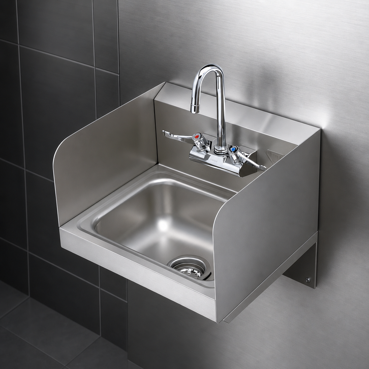 Product image #3 for Wall-Mounted Stainless Steel Hand Wash Sink with Side Splash Shields and 4-Inch Wall-Mount Mixing Faucet