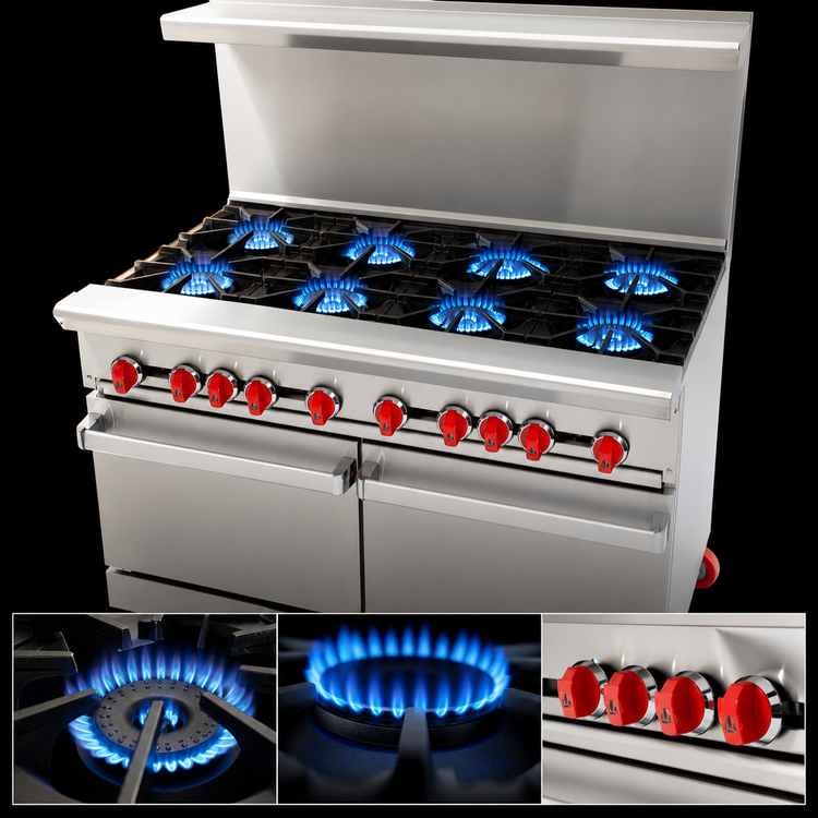 Product image #3 for American Range 48-Inch Gas Restaurant Range with 8 Open Burners, 2 Storage Bases, Back Riser and Shelf