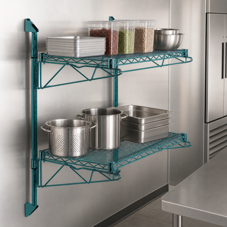 Product image #3 for Quantum WC34-CB1430P Cantilever Double Shelf Wall-Mount Wire Shelving Unit, 2 x 30 x 14 Shelves, Green Epoxy Finish