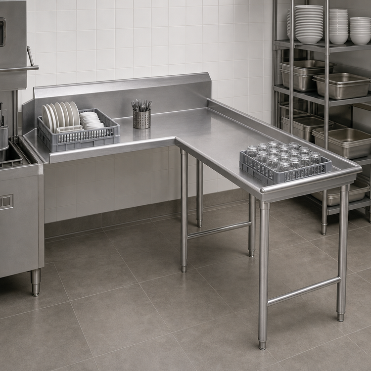 Product image #3 for Advance Tabco Island-Style L-Shaped Clean Dishtable, Right-Side Attachment, 95-Inch Long, 14-Gauge 304 Stainless Steel