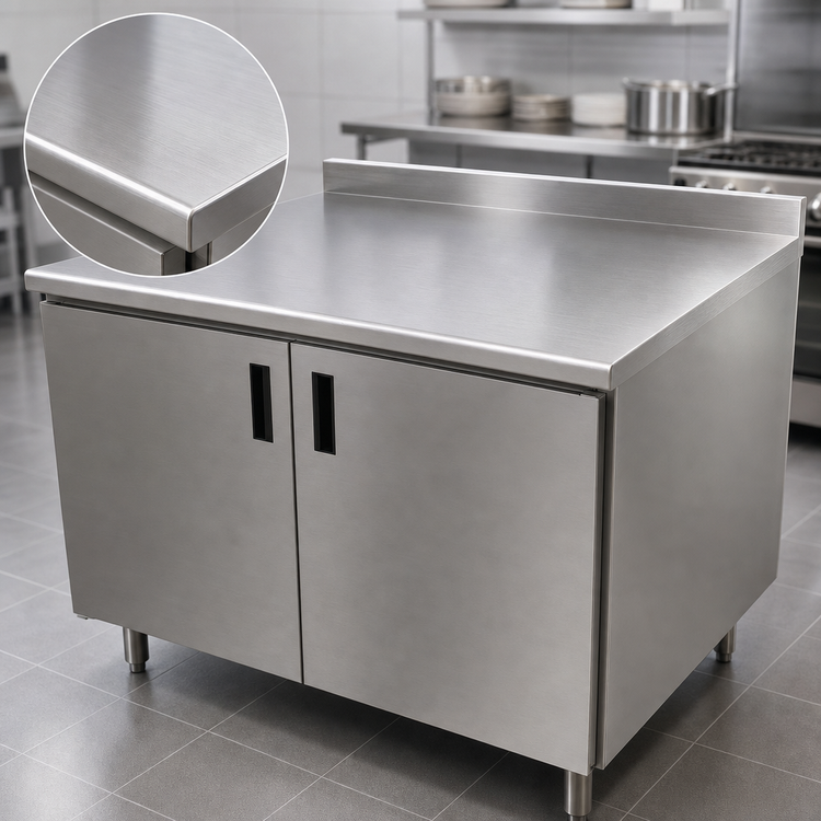 Product image #3 for Advance Tabco Enclosed Work Table with Cabinet Base, Mid-Shelf, Hinged Doors, 144 x 30 Inch, 14-Gauge 304 Stainless Steel Top, 1-1/2 Inch Rear Up-Turn