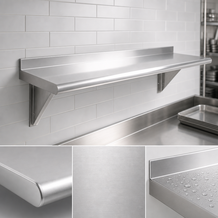 Product image #3 for Advance Tabco 132-Inch x 15-Inch Wall-Mounted Stainless Steel Wall Shelf with Bullnose Edge