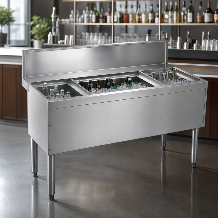 Product image #3 for Advance Tabco Prestige 54-Inch Stainless Steel Bar Ice Bin with 10-Circuit Cold Plate and Bottle Storage Racks