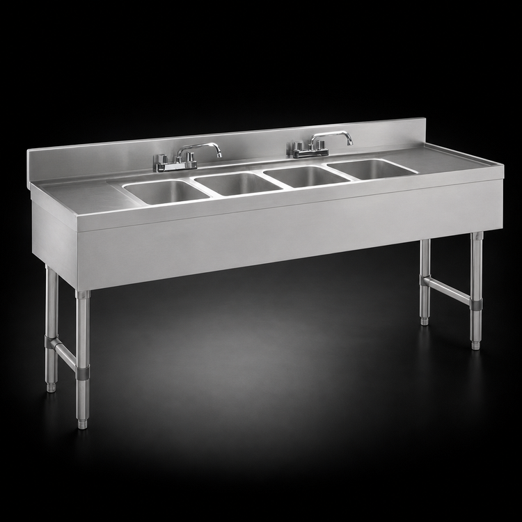 Product image #3 for Advance Tabco Underbar Basics™ 72-Inch 4-Compartment Stainless Steel Underbar Sink Unit with Double Drainboards and Deck-Mount Faucets