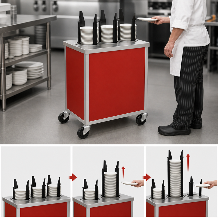 Product image #3 for Atlas Metal MEPD3H-9-1/8 Heated Mobile Triple Plate Dispenser with Enclosed Base