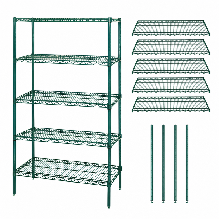 Product image #3 for Quantum 5-Shelf Stationary Wire Shelving Starter Kit, 72 x 21 x 54 Inches, Green Epoxy Antimicrobial Finish