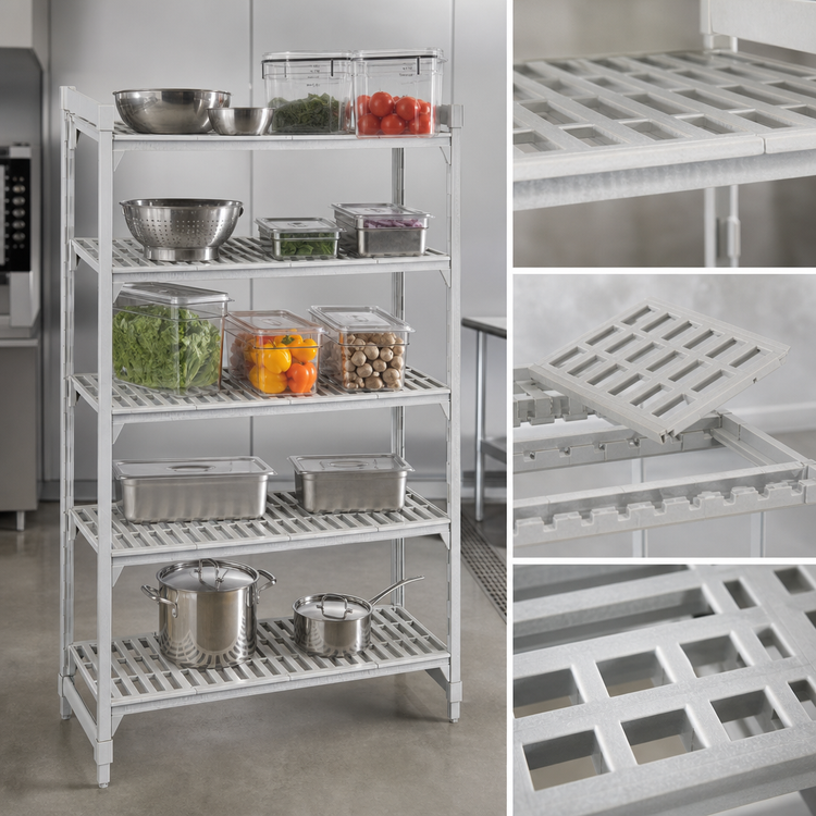 Product image #4 for Cambro Camshelving Premium Series 5-Tier Stationary Starter Unit, 21-Inch Deep x 42-Inch Long x 64-Inch High, Vented Shelves, Speckled Gray