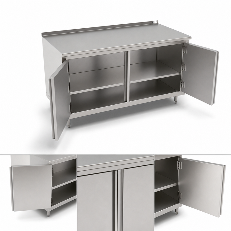 Product image #3 for 48 Inch x 24 Inch Cabinet Base Work Table with Hinged Doors, 16-Gauge Stainless Steel Top, and 1-1/2 Inch Rear Riser