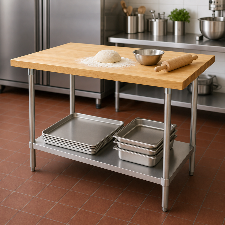 Product image #3 for Advance Tabco Maple Top Work Table with Adjustable Undershelf, 84" W x 24" D, Stainless Steel Base