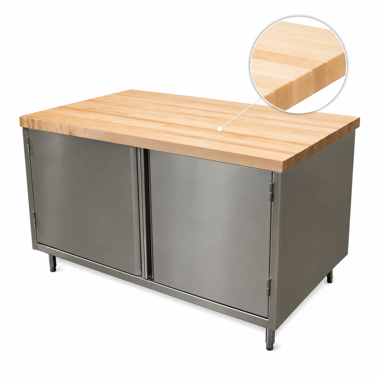 Product image #3 for BK Resources 48-Inch x 30-Inch Hard Maple Chef Table with Stainless Steel Cabinet Base and Hinged Doors