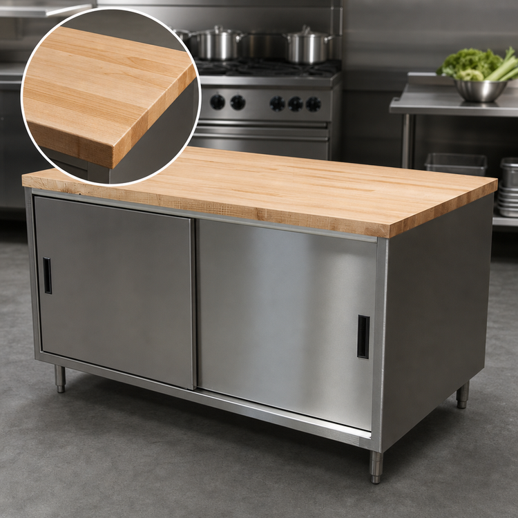 Product image #3 for BK Resources 60-Inch x 36-Inch Hard Maple Chef Table with Stainless Steel Cabinet Base and Sliding Doors
