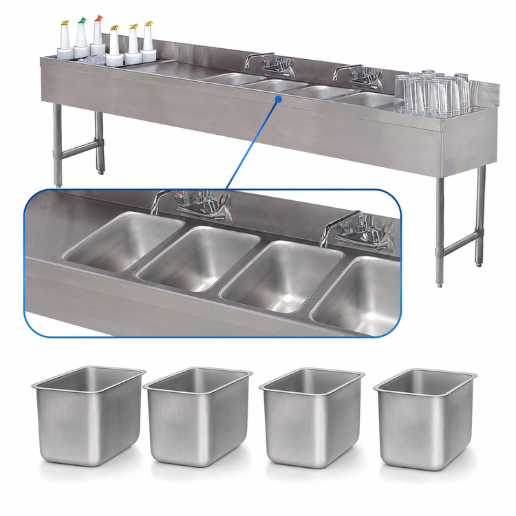 Product image #3 for Underbar Basics 96-Inch Stainless Steel 4-Compartment Bar Sink and Ice Bin Combo with Left Ice Bin