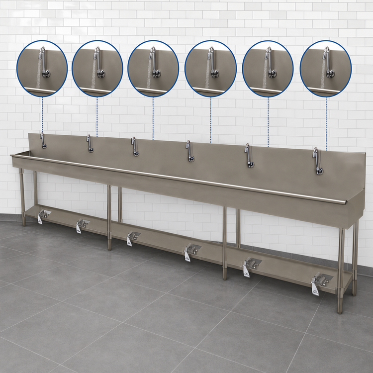 Product image #3 for Advance Tabco 19-FM-120FV 6-Station Floor-Mounted Multiwash Hand Sink with Toe-Push Valves, 120-Inch Wide