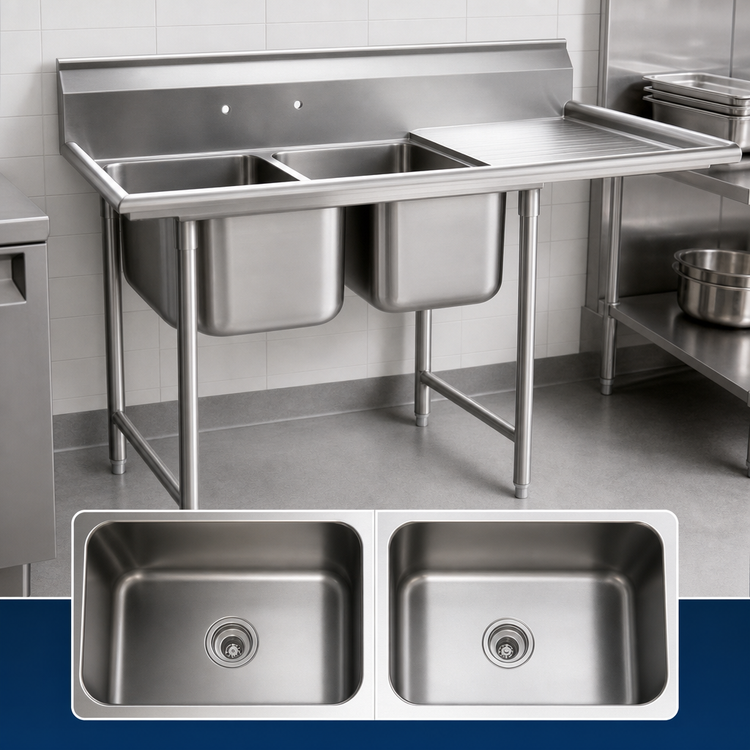 Product image #3 for Eagle Group 414 Series Two-Compartment Commercial Sink with 24" Right-Hand Drainboard, 75" x 29-3/4"