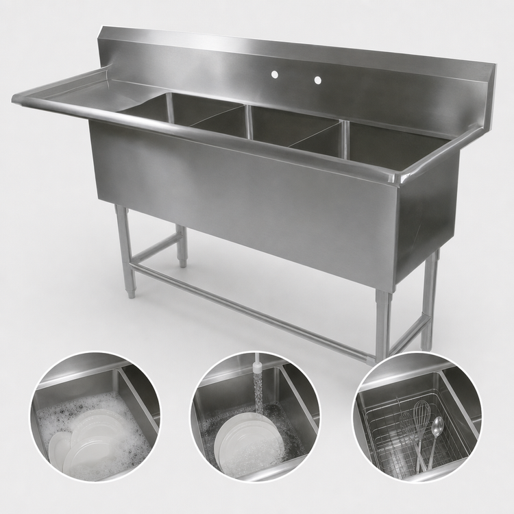 Product image #3 for John Boos Pro-Bowl 3-Compartment Sink with 24-Inch Left Drainboard, 18-Inch x 24-Inch x 14-Inch Bowls, 16-Gauge Stainless Steel