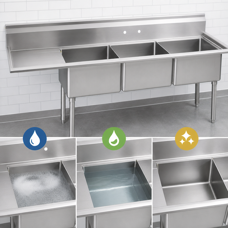 Product image #3 for BK Resources Three-Compartment Stainless Steel Sink with Left Drainboard and 15 x 15 x 14-Inch Bowls