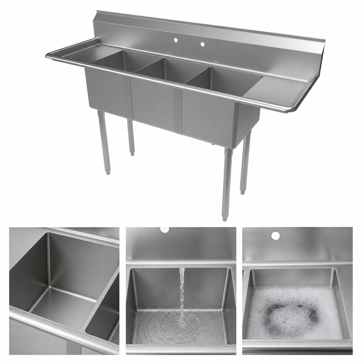 Product image #3 for BK Resources Economy Freestanding 3-Compartment Stainless Steel Sink with Dual 12-Inch Drainboards