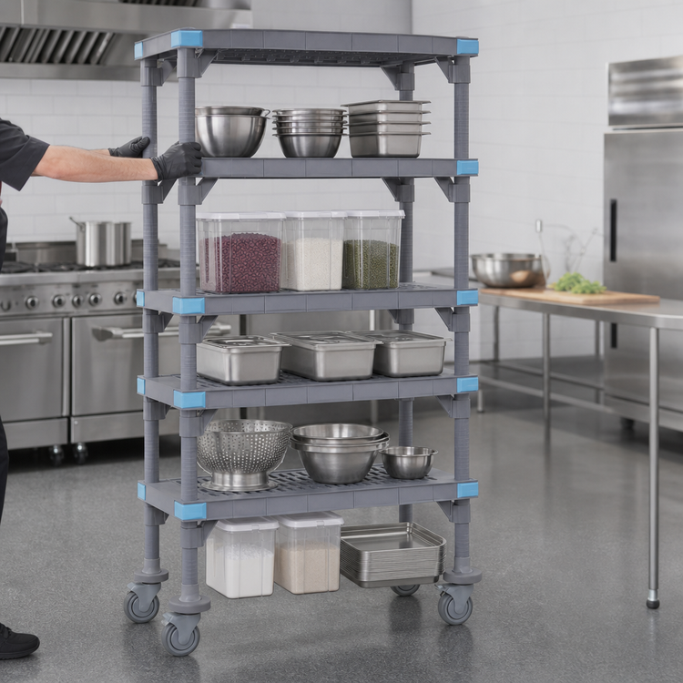 Product image #3 for Quantum Millenia Mobile Polymer Shelving Starter Unit with 5 Open Grid Shelves, 54 x 24 Inch, Gray
