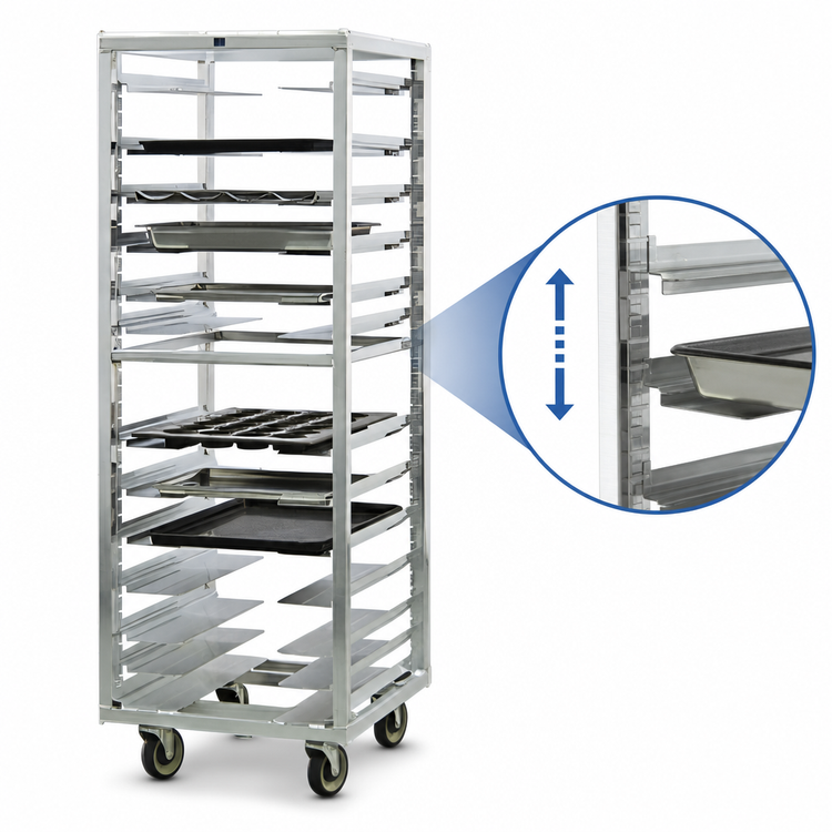 Product image #3 for Universal Roll-In End-Load Aluminum Pan Rack with 12 Adjustable Guides, 10-12 Pan Capacity