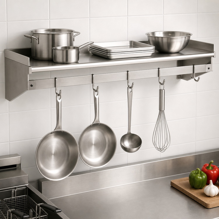 Product image #3 for Eagle Group Wall-Mounted Stainless Steel Pot Rack Shelf, 48 Inch W x 18 Inch D, with 4 Hooks