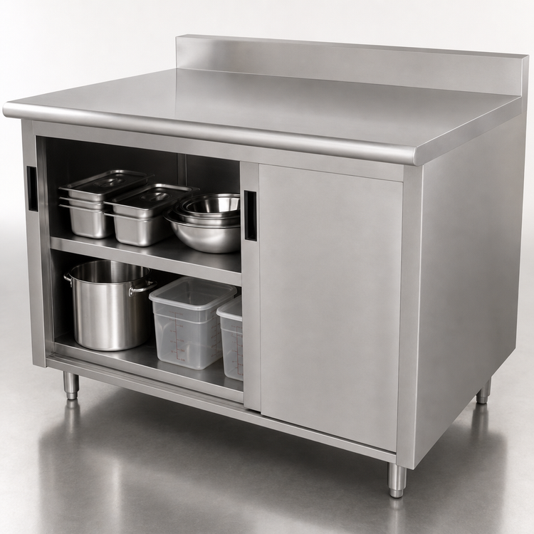 Product image #3 for Advance Tabco 60"W x 36"D Enclosed Stainless Steel Work Table with Cabinet Base, Mid-Shelf and Sliding Doors