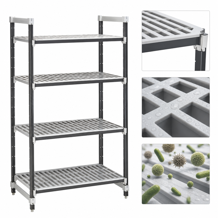 Product image #3 for Cambro Camshelving Elements XTRA 4-Tier Stationary Starter Unit, 21" x 60" x 84", Vented Polymer Shelving, Speckled Gray