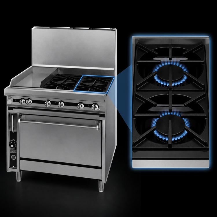 Product image #3 for Titan JTRH-12G-2HT-36 36-Inch Gas Heavy Duty Range with Standard Oven, Two Hot Tops, and 12-Inch Griddle