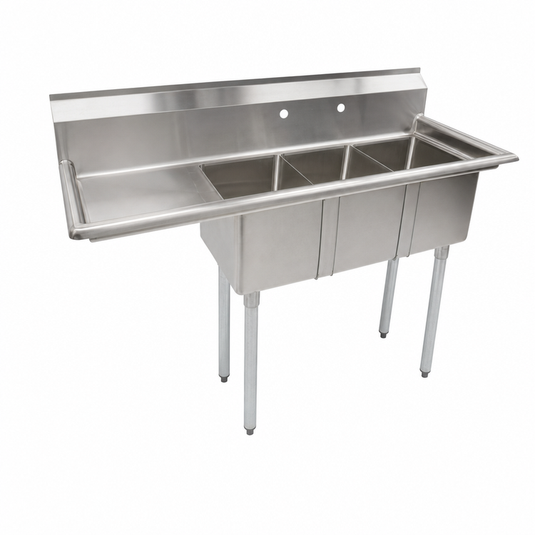 Product image #3 for Omcan USA Space Saver 3-Compartment Sink with 16-Inch Left Drainboard and Corner Drain