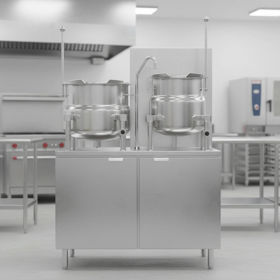 Experience versatile cooking capacities with the Crown GMT-10-6's dual 6 and 10-gallon tilting kettles.