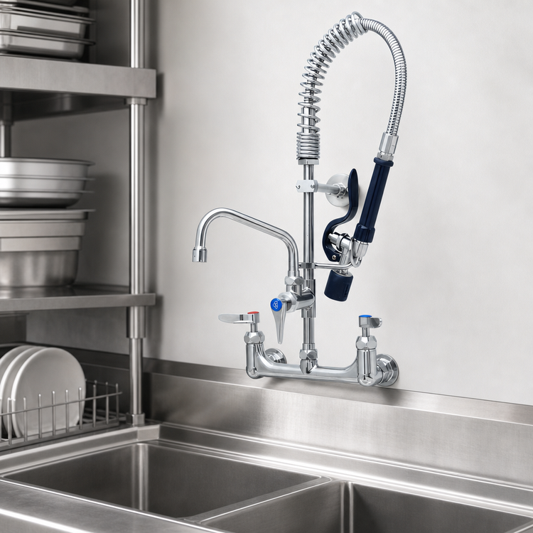 Product image #4 for T&S Brass Mini Pre-Rinse Wall Mount Mixing Faucet with Add-On Faucet, 8-Inch Centers and 6-Inch Swing Nozzle