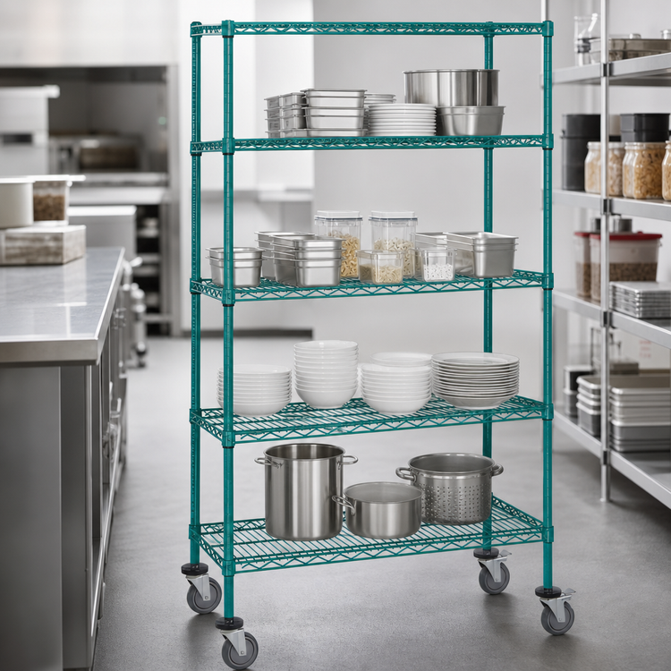 Product image #3 for Quantum 60-Inch Wide x 18-Inch Deep x 80-Inch High Mobile Wire Shelving Cart, 4-Shelf