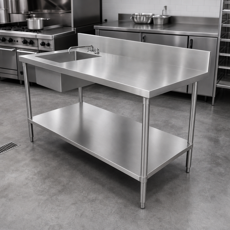 Product image #3 for 60-Inch x 24-Inch 18-Gauge 430 Stainless Steel Prep Sink Work Table with Left-Side Bowl, Backsplash, and Undershelf