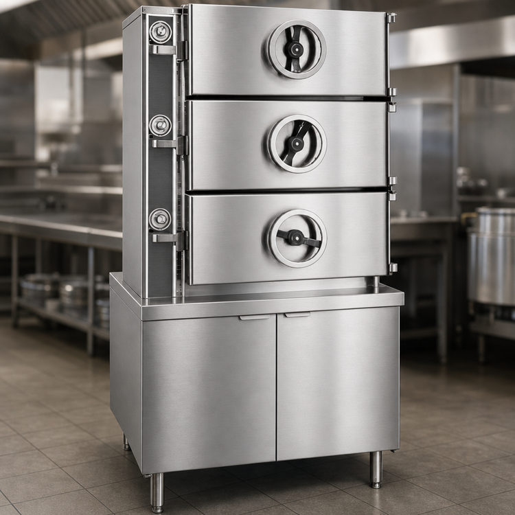 Product image #3 for Crown GC-3 Three Compartment Full-Size Gas Pressure Steamer with Cabinet Base