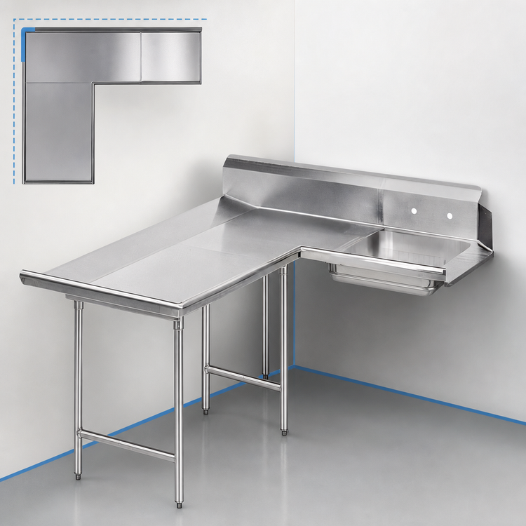 Product image #3 for Advance Tabco L-Shaped Left-Hand Dishlanding Soil Dishtable with Pre-Rinse Sink, 83-Inch, 14/304 Stainless Steel