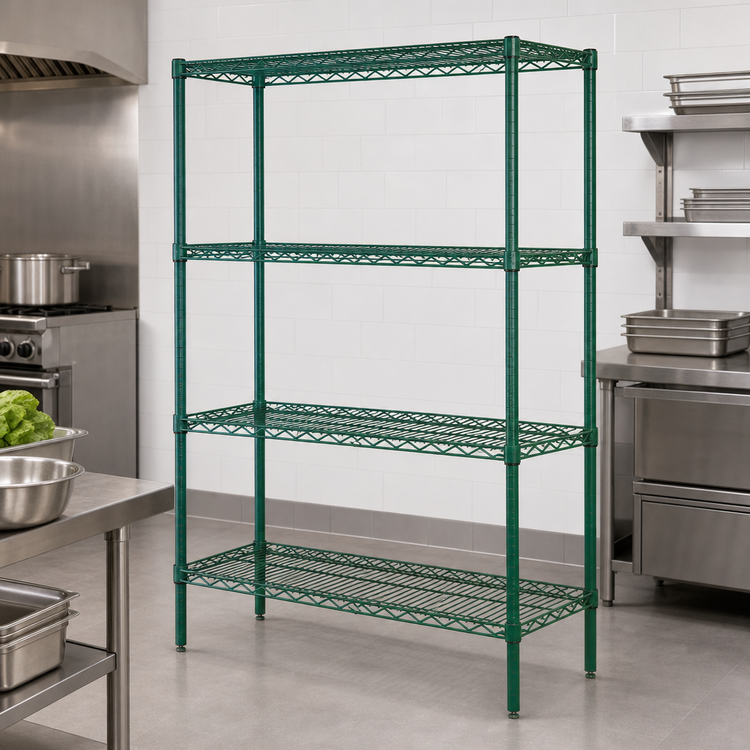 Product image #3 for Quantum Stationary Wire Shelving Starter Kit, 60"W x 30"D x 86"H, 4 Shelves, Green Epoxy Finish