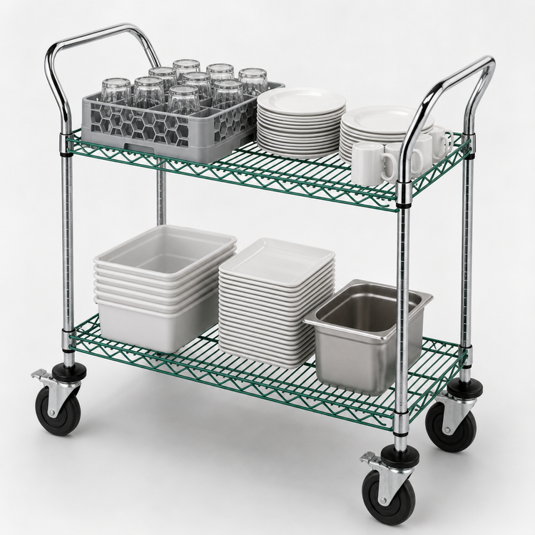 Product image #3 for Quantum 48 x 24 Inch 2-Shelf Open Base Green Epoxy Antimicrobial Utility Bus Cart