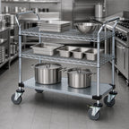 Thumbnail image #3 for Quantum WRC-2436-3CG 36 x 24 x 37-1/2 in. Chrome-Plated 3-Shelf Utility Cart with 2 Wire Shelves, 1 Solid Shelf and 1,200 lb. Capacity