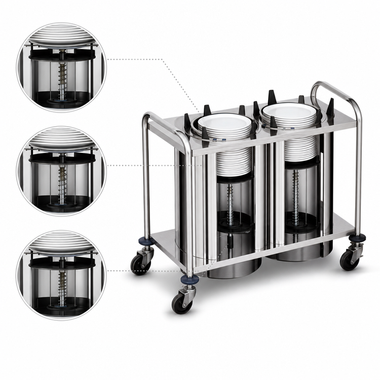 Product image #3 for Atlas Metal MOPD3H-7-1/4 Mobile Heated Plate Dispenser with (3) 7-1/4 Inch Self-Leveling Tubes