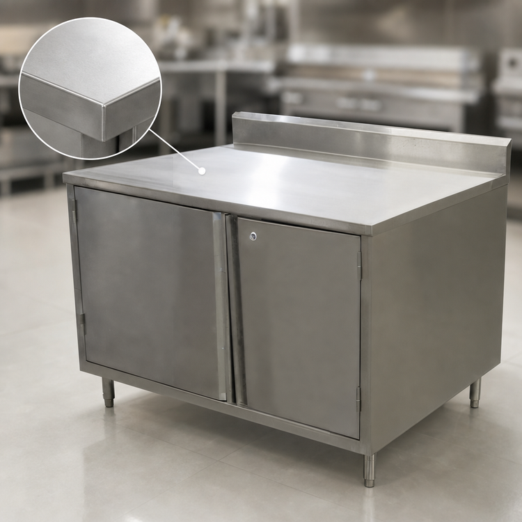 Product image #3 for BK Resources Enclosed Stainless Steel Work Table with Locking Cabinet Base, Hinged Doors, 5-Inch Backsplash, 18 x 30 Inches