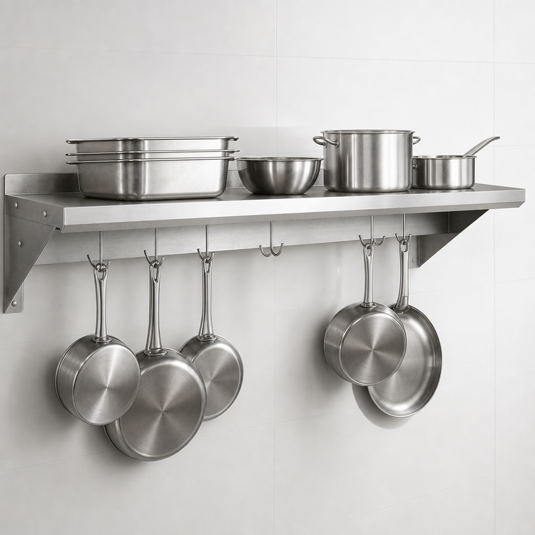 Product image #3 for BK Resources Premium T-304 Stainless Steel Wall-Mount Overshelf with Pot Rack, 60 x 12 Inches