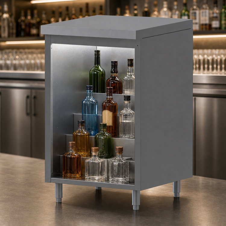Product image #3 for 24-Inch Stainless Steel Back Bar Liquor Step Cabinet with Flat Top and 4 Display Steps